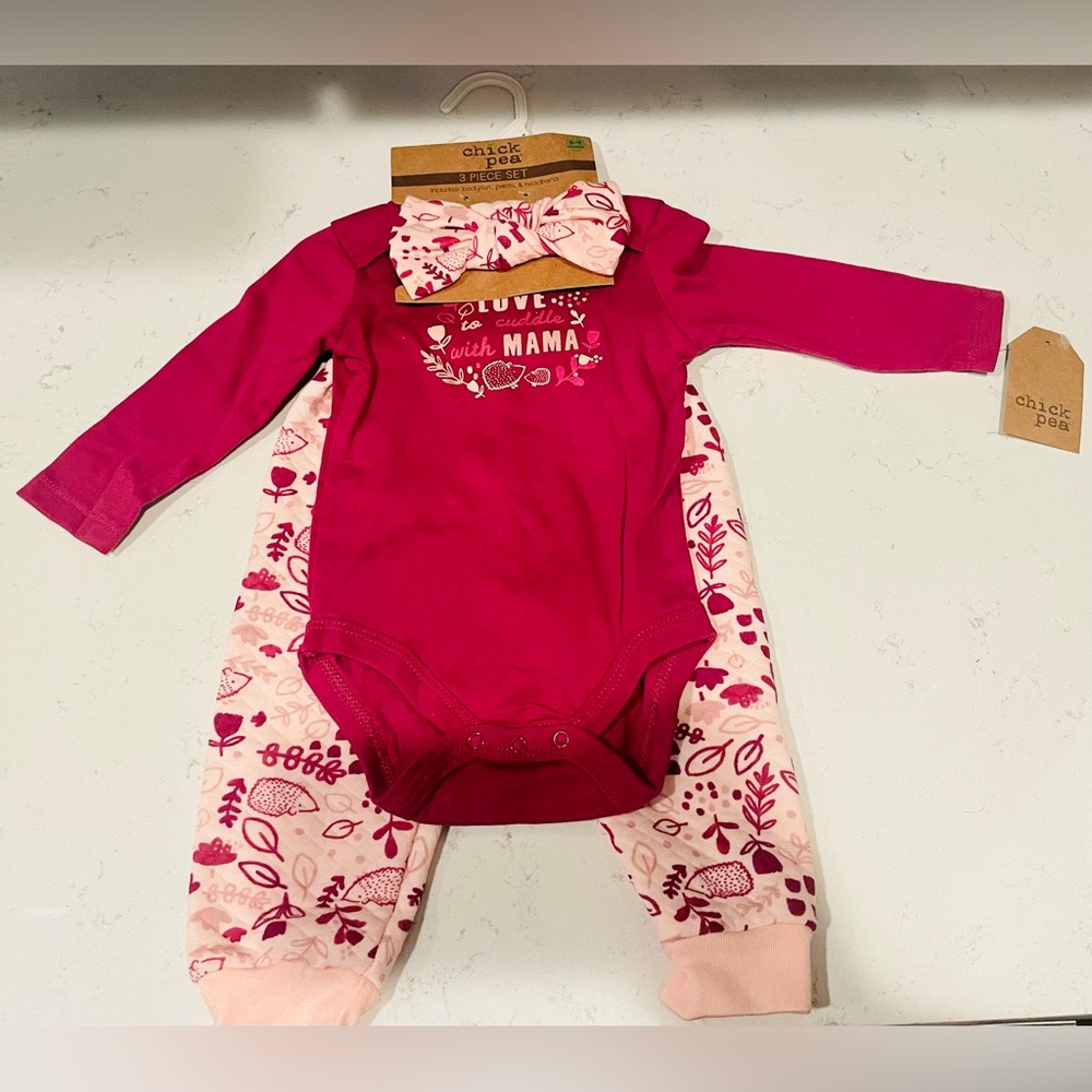 Chick Pea Set 3 Piece Set Long Sleeve Bodysuit, Leggings, & Headband 6-9 Months